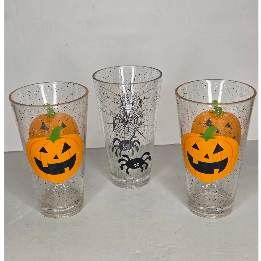 Halloween Acrylic Drinking Glasses Set Of 3 Pumpkins Spiders Web‎